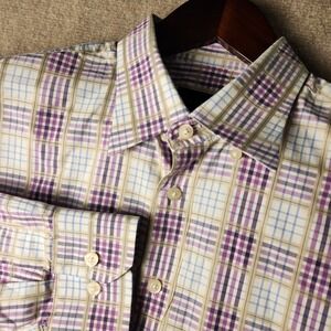 Scott Barber Button Down Shirt Mens L Purple Tan Plaid Long Sleeve Cotton